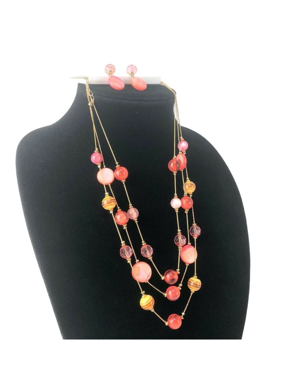 Kohl's Color Necklace & Earrings Set Pink Yellow Acrylic & Shell Beaded Gold-Ton